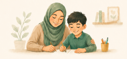 Parent helping a child write